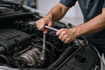 Mechanic hands tightening bolt on car engine during vehicle maintenance and repair.