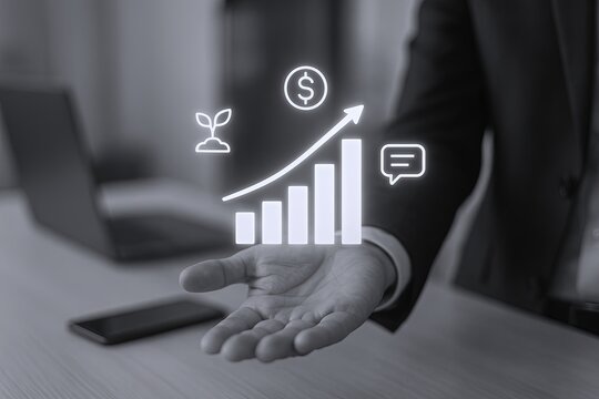 Businessman presenting growth and financial success data with virtual icons on hand.