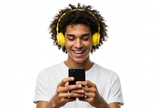 A young man with curly hair smiles while listening to music on his phone with yellow headphones, isolated on white isolated on transparent background
