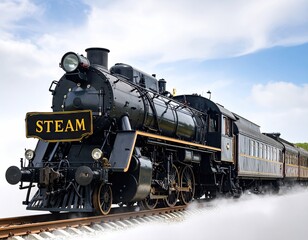 Obraz premium Vintage steam train moving through clouds