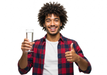 A smiling man with curly hair gives a thumbs up while holding a glass of water, isolated on a transparent background