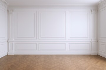 Fototapeta premium Empty white elegant panelled wall room with intricate molding and hardwood floor.