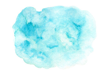 Bright light turquoise blue fluffy watercolour textured cloud stain. Abstract cyan colour watercolor blob for water splash texture or clouds concept, nature sky background