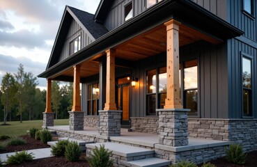 Modern house with a covered porch featuring wooden columns and stone accents