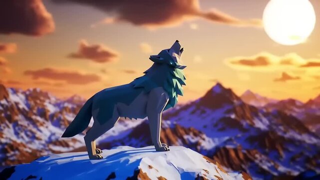 Low Poly Wolf Howling Sunset Peaks.