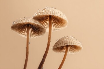 Elegant mushrooms with water droplets glistening on a warm beige background