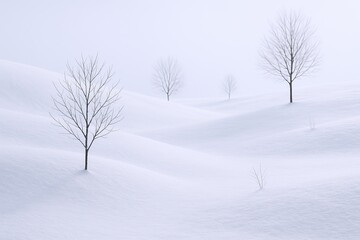 Fototapeta premium Serene winter landscape with snow covered hills and sparse leafless trees under cloudy sky.