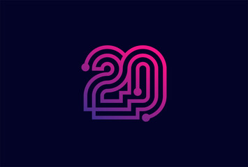 20 Number Logo, number 20 monogram line tech style, usable for anniversary, business and tech logos, flat design logo template, vector illustration