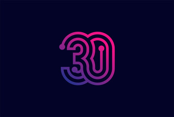 30 Number Logo, number 30 monogram line tech style, usable for anniversary, business and tech logos, flat design logo template, vector illustration