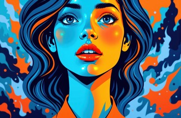Vivid digital illustration of a woman with striking facial features and flowing hair in bold colors