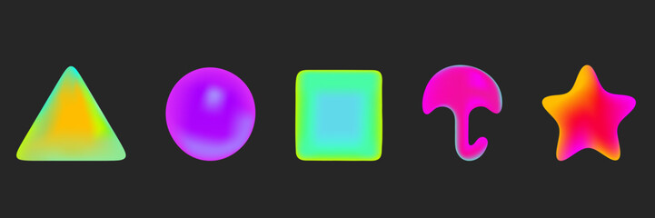 Set of five vibrant neon shapes, triangle, circle, square, umbrella, and star isolated on black, ideal for digital art, games, or UI design. Vector art