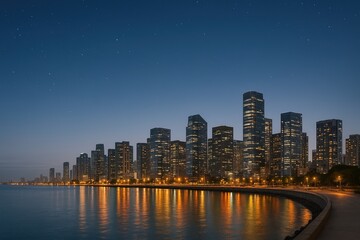 Obraz premium Long Exposure Night Cityscape of Modern Skyscrapers Reflecting on Waterfront at Twilight.