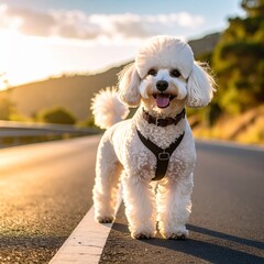 Smiling white poodle standing on mountain road at sunset with golden backlight and fluffy fur in natural setting