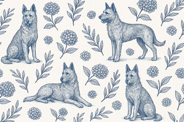 Seamless hand-drawn dog pattern with vintage floral and botanical elements in blue ink on white background