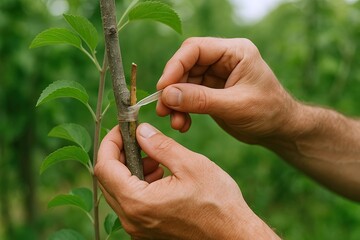 Close-up of a person's hands pruning a young sapling with a small tool in a lush garden.