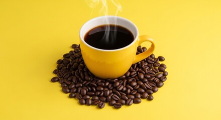 Obraz premium Steaming yellow coffee mug filled with dark coffee surrounded by roasted beans