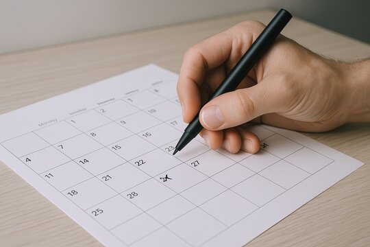Close-up of hand writing on calendar with pen planning appointment or event.