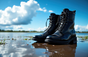 Black leather boots standing on wet ground with a cloudy sky in the background