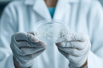 Examining cell growth in a petri dish. Close up shows gloved hands. Concept of medical and scientific research. Cells grown in a lab.