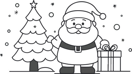 Santa Claus with Christmas Tree and Gift Box Coloring Page Illustration