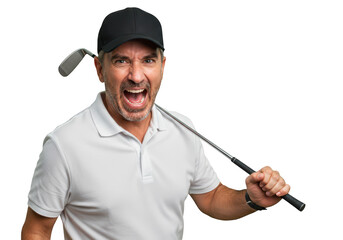 An angry caucasian man, a golfer, shouts in frustration while holding his golf club, isolated on a transparent background