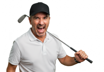 An angry caucasian man, a golfer, shouts in frustration while holding his golf club, isolated on a transparent background
