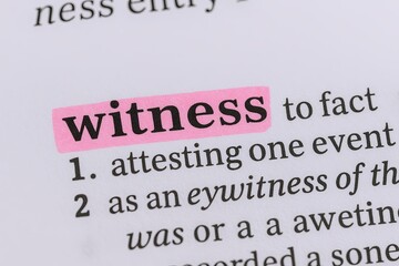 Close-up of printed dictionary page with the word witness highlighted in pink for language learning.