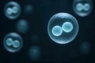 Close-up of stem cell division displaying two daughter cells in early development.