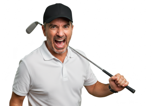 An angry caucasian man, a golfer, shouts in frustration while holding his golf club, isolated on a transparent background