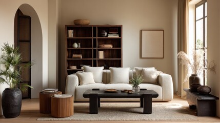 Cozy Living Room with Textured Sofa and Natural Elements