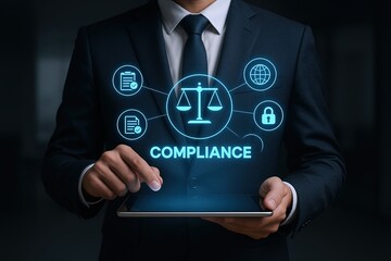 Businessman in formal suit holds digital tablet with compliance icons and text.