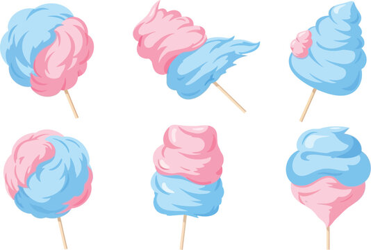 A collection of six cotton candy illustrations in pink and blue on a white background art - Powered by Adobe