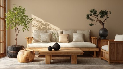 Serene Living Room with Natural Elements and Cozy Seating