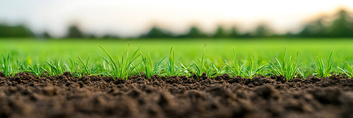 Emerging Green Shoots: A ground-level view of fresh grass seedlings sprouting from rich, dark soil in a lush field. New life begins.