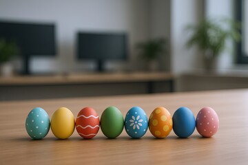 Brightly colored decorated Easter eggs lined up on a wooden table in a modern home interior.