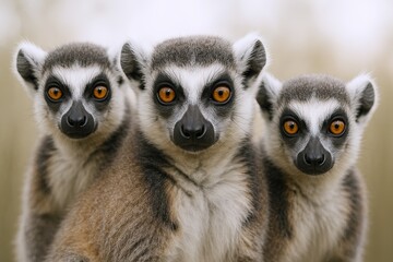 Fototapeta premium Close-up of three curious young meerkats standing upright in natural habitat.