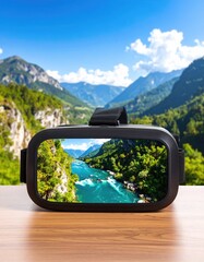 VR headset displays mountain scenery