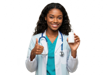 A confident african american doctor in a lab coat gives a thumbs up and holds a medicine bottle, isolated on white isolated on transparent background