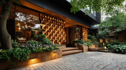 Obraz premium Modern Architectural Masterpiece with Natural Elements and Geometric Facade