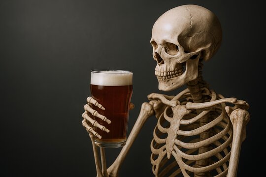Human Skeleton Holding Glass of Beer Close Up Portrait in Dark Background.