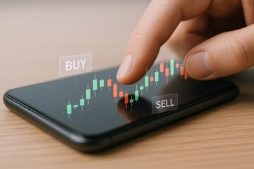 Modern smartphone displaying financial stock chart with buy and sell indicators.