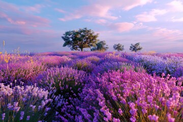 Fototapeta premium Vast Lavender Field Under a Dreamy Sunset Sky with Silhouettes of Trees