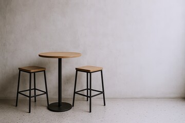 Minimalist modern round wooden table with two matching stools against plain wall.