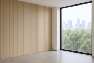 Fototapeta premium Modern minimalist interior with large window overlooking city skyline and green trees.