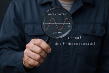 Hand holding magnifying glass with mathematical and trigonometric equations in background.