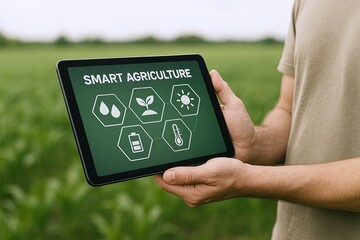 Modern smart agriculture technology concept with tablet displaying icons in lush green field.