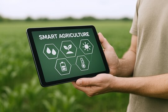 Modern smart agriculture technology concept with tablet displaying icons in lush green field.