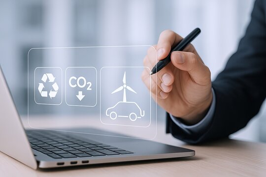 Man Holding Pen and Using Transparent Digital Screen with Environmental Icons in Modern Office.