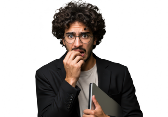 A man with curly hair and glasses nervously bites his nails while holding a laptop, isolated on transparent background