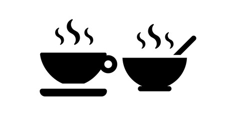 Hot Coffee Cup and Steaming Bowl Icon: Simple Black Silhouette Design